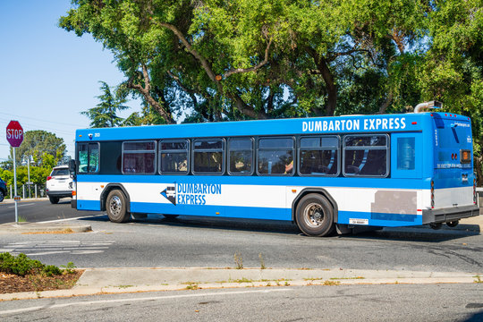 July 26, 2019 Palo Alto / CA / USA - Dumbarton Express Bus Taking Commuters From The Alameda County To The San Mateo And Santa Clara Counties, Via Dumbarton Bridge; San Francisco Bay Area