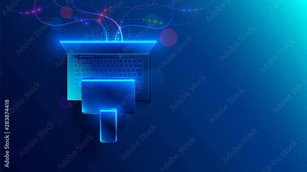 Poster Conceptual illustration digital technology. Hanging smart phone, tablet, laptop. Porting programs to mobile platforms. development of cross-platform software for desktop and mobile devices.