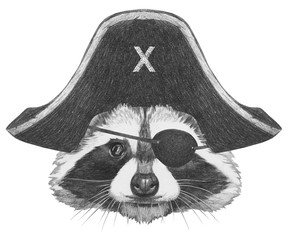 Portrait of Raccoon with pirate hat and eye patch. Hand-drawn illustration.