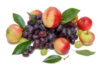 fruit grapes black peach apples green leaves isolated on white background