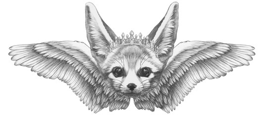 Portrait of Fennec Fox with wings. Hand-drawn illustration.
