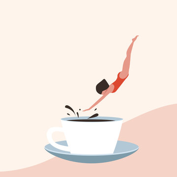 Illustration of woman in red swimsuit diving into cup of coffee