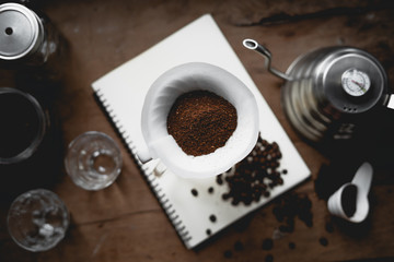 Drip Coffee Black coffee brewed in low light in the house