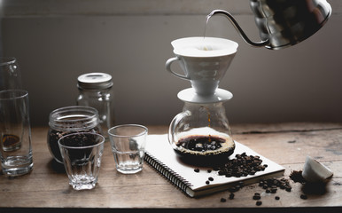 Drip Coffee Black coffee brewed in low light in the house