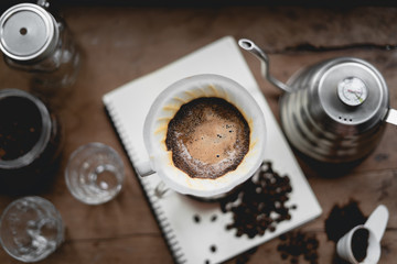 Drip Coffee Black coffee brewed in low light in the house