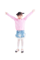 Little asian girl standing with open arms and smiles over white background