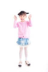 Little asian girl standing with open arm and smiles over white background
