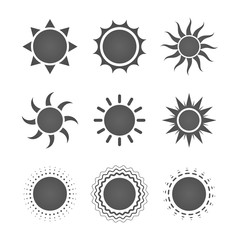 Set of nine different gray sun icons on white