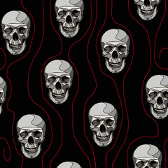 Horror seamless pattern with skulls and  wavy red lines on black backdrop.