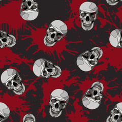 Decorative horror seamless pattern with skulls and blood splatter on gray backdrop. Scary skeleton ornament.