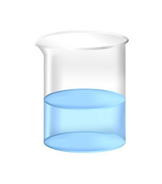 Vector realistic illustration of 3d chemical beaker with blue liquid fluid &ndash; water, solvent or chemicals. Full laboratory glassware isolated on a white background.
