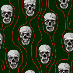 Horror seamless pattern with skulls and wavy red lines on green backdrop.