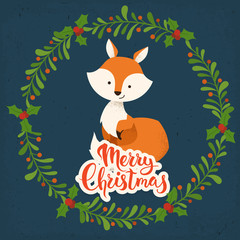 Merry Christmas vector card with fox in vintage style