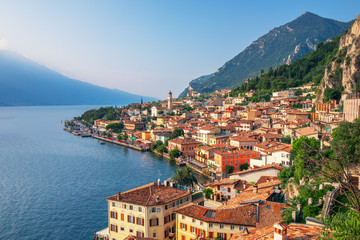 Fototapeta na wymiar Scenic view on Lake Garda in Limone sul Garda town, famous tourist destination in Italy