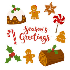 Season's Greetings vector Merry Christmas card design with Christmas food