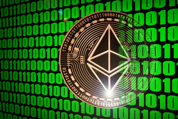 A silver Ethereum coin appears from the green binary code. 3d illustration.