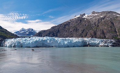Fototapeta na wymiar panorama of the mile-wide margerie glacier in alaska with mt fairweather in canada in the background on a rare clear day
