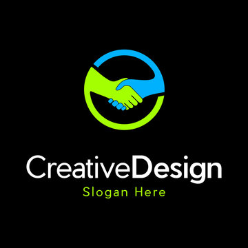 Handshake Logo. Two Hands Make a Deal in Blue and Green Circle Shape isolated on black Background, vector logo design of deal handshake sign meaning of friendship, partnership