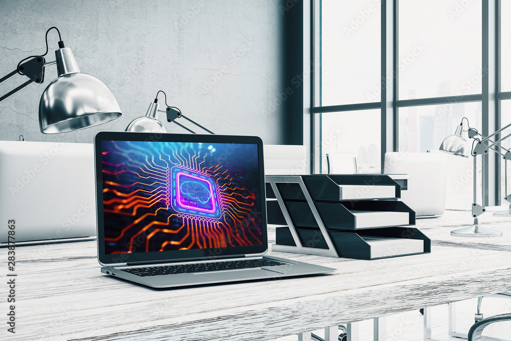 Aufkleber desktop interior with computer, table and chair. data theme brain drawing on screen. 3d rendering.