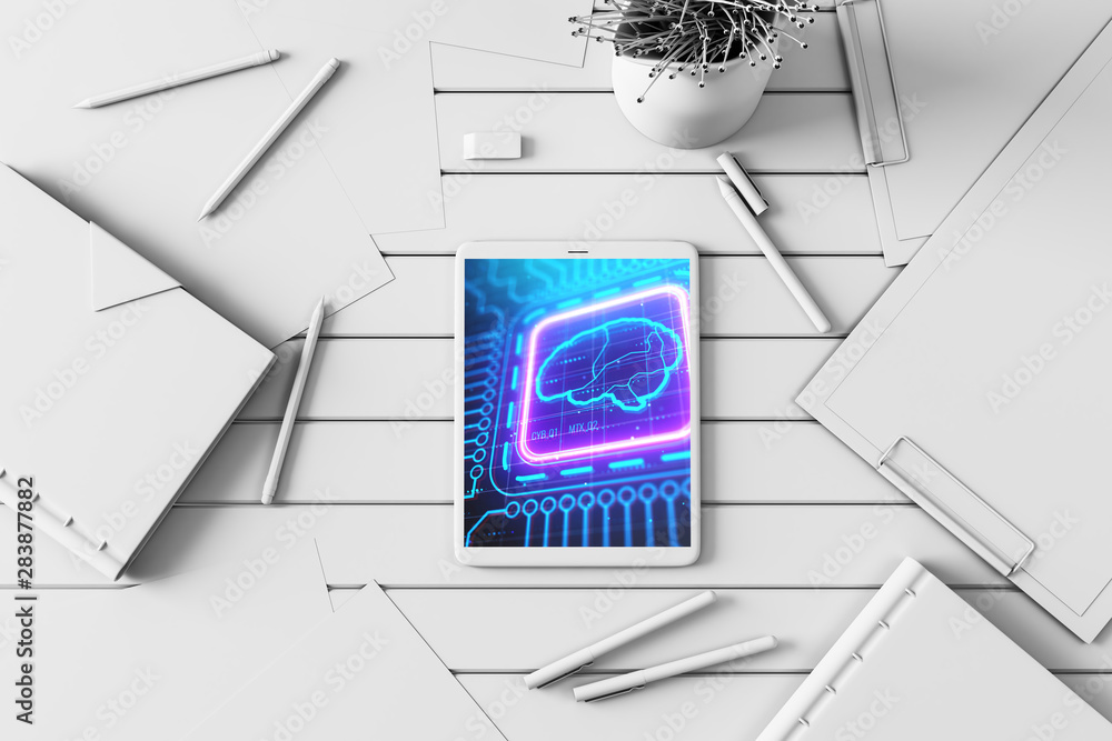 Poster digital tablet closeup with brain drawing on screen. data technology concept. 3d rendering.