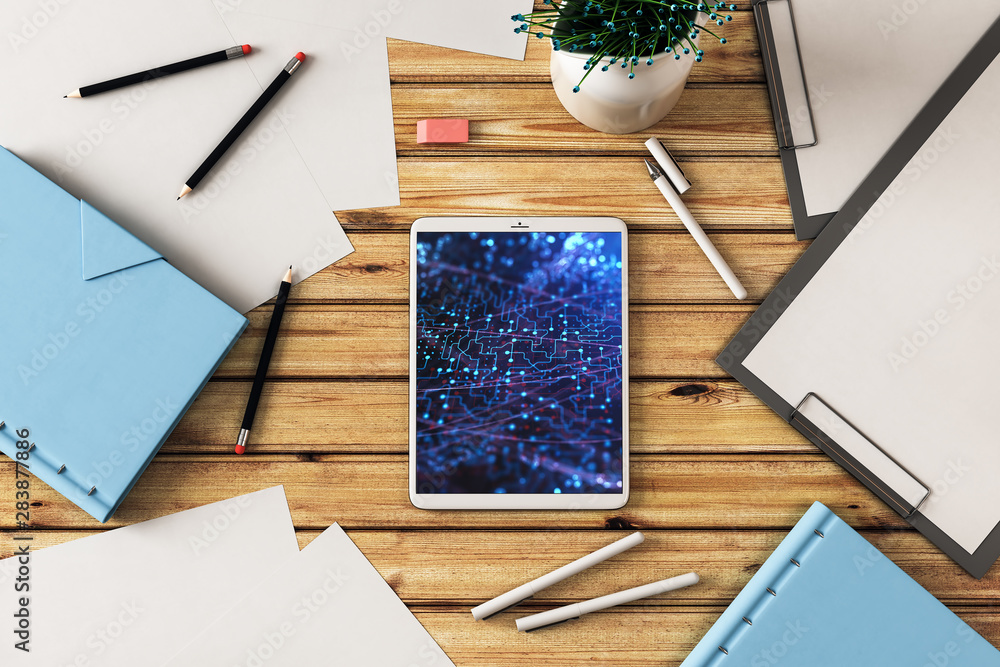 Poster digital tablet closeup top view with tech pic on screen. online technology concept. 3d rendering.