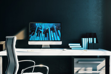 Cabinet desktop interior with financial charts and world map on computer screen. Concept of international market analysis and trading. 3d rendering.