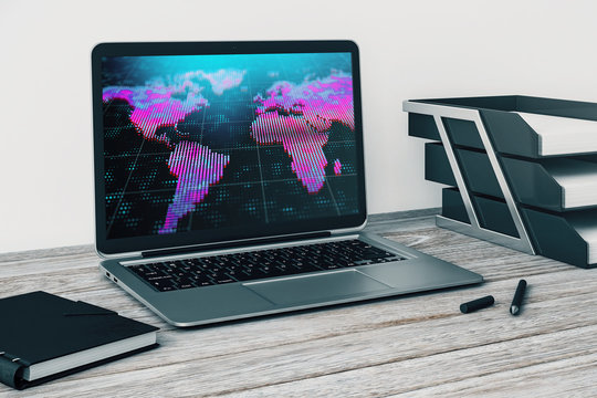 Laptop closeup with world map on computer screen. International education concept. 3d rendering.