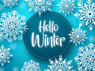 Hello winter vector greeting banner template. Snowflakes with hello winter text and space for message in blue background design. Vector Illustration. © AmazeinDesign