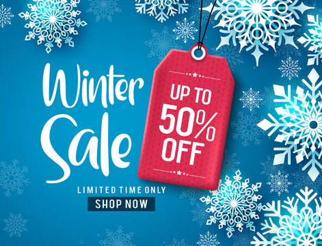 Winter sale vector banner design. Winter sale discount text with white snowflakes and red tag element in blue background.  Vector Illustration. 