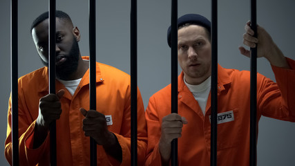 Afro-american and caucasian criminals holding prison bars and looking at camera