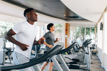 Side view of multiracial sportsmen working out on treadmills in gym on daytime. Multiethnic males running on treadmills