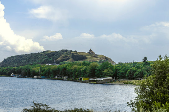 The hill on the peninsula of lake Sevan and the medieval Sevanavank monastery of the 9th century in the Gegharkunik province of Armenia