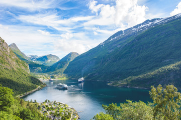 Panorama view of cruise ships in Geiranger, Norway