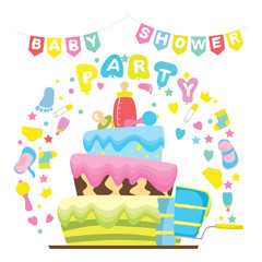 Baby shower party surprise cake before the birth of a boy.