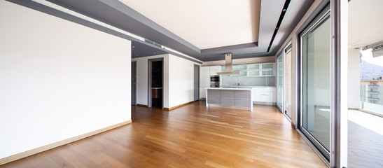 Living room with kitchen island, modern apartment