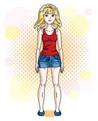 Beautiful blonde woman adult standing on colorful background with bubbles and wearing casual clothes. Vector attractive female illustration. Lifestyle theme cartoon.