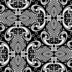 Beautiful modern greek vector seamless pattern. Ornamental black and white geometric background. Ethnic ancient style elegant repeat backdrop. Vintage tribal greek key meanders ornament. Floral design