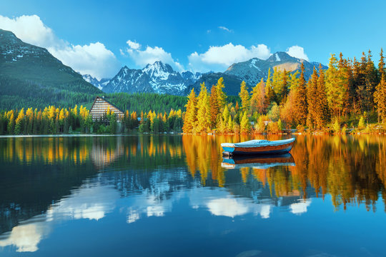 Beautiful sunrise view in High Tatras mountains national park and Strbske pleso  (Strbske lake) beautiful mountain lake in Slovakia