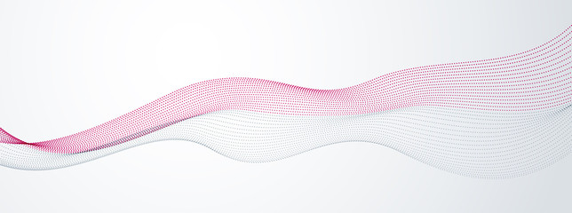 Array of particles flowing, dynamic sound wave. 3d vector illustration. Mesh round dots, beautiful relaxing wallpaper illustration.