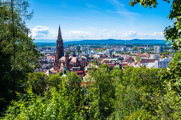 Germany, Stunning view over skyline, cityscape and roofs of city freiburg im breisgau surrounding...