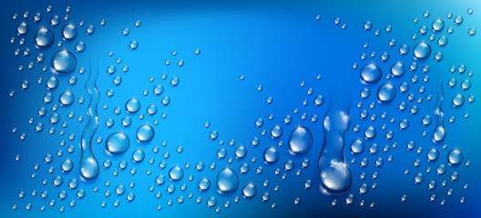 Naklejka na ściany i meble Water drops in shower or pool, condensate or rain droplets realistic transparent vector illustration, easy to put over any background or use droplets separately.