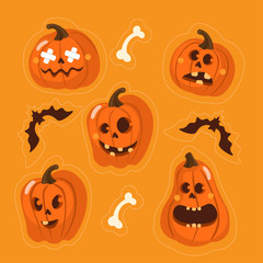 Cute vector set with Halloween illustrations. Smiling and funny cartoon characters: pumpkin, bat. Stickers, icons, design elements