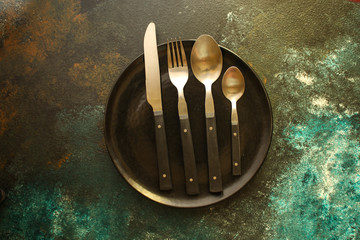cutlery rustic, used for eating or serving (fork, knife, spoon - set). food background. copy space