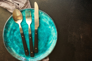 cutlery rustic, used for eating or serving (fork, knife, spoon - set). food background. copy space