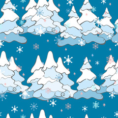 Vector seamless pattern of Christmas trees in winter snow.