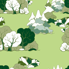 Vector seamless pattern with fir trees and deciduous trees. Natural background.