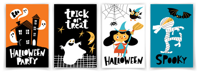 Set of kids vector Halloween party posters in cartoon flat style