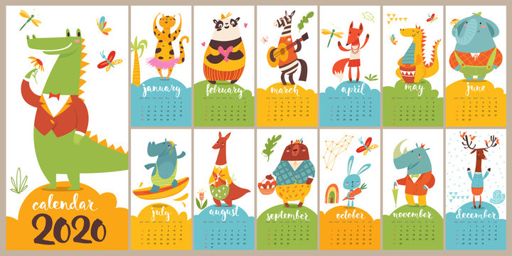 Modern style cartoon vector 2020 calendar with funny wild animals