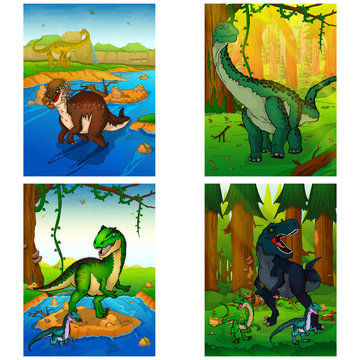 Set of pictures with dinosaurs. Dinosaur world. Vector illustration