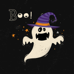 Happy Halloween card with ghost cartoon.